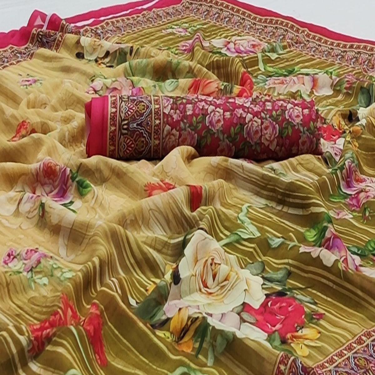 Mehndi Green Casual Wear Floral Digital Printed Georgette Saree