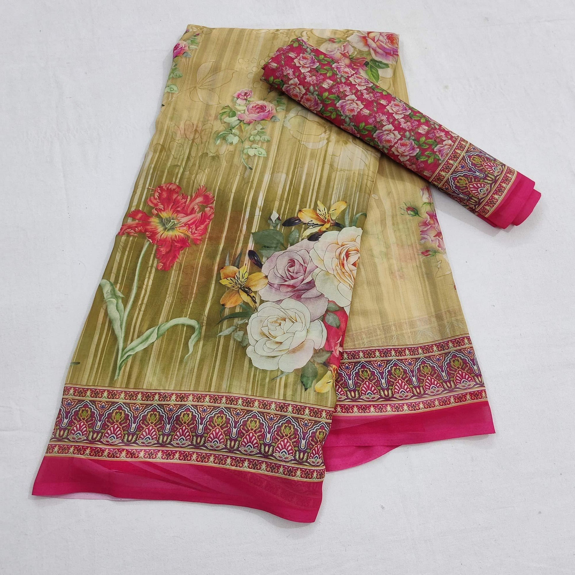 Mehndi Green Casual Wear Floral Digital Printed Georgette Saree