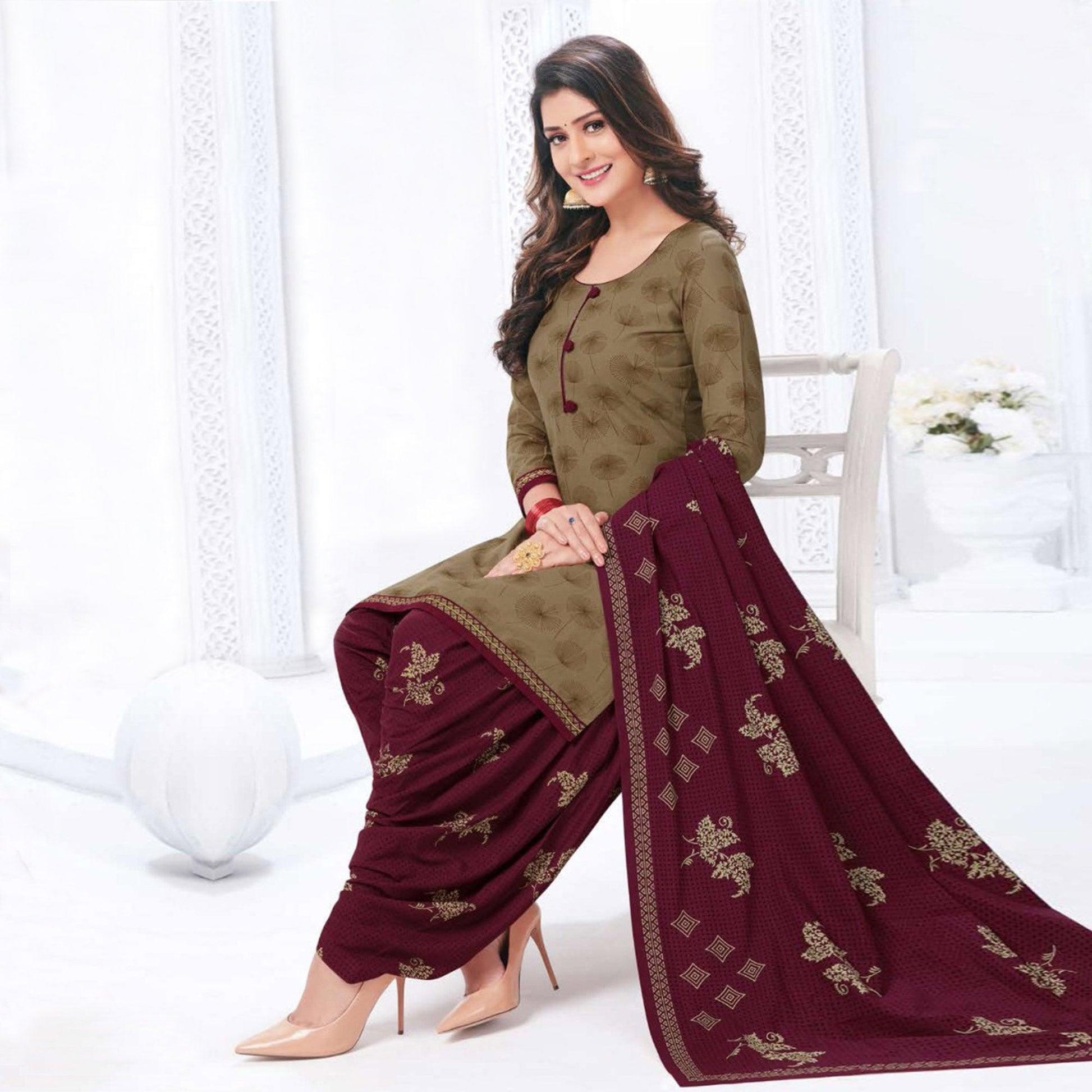 Mehndi Green Casual Wear Printed Leon Patiala Dress Material