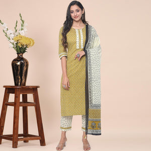 Mehndi Green Casual Wear Printed With Gota Patti Cotton Kurti Pant Set With Dupatta