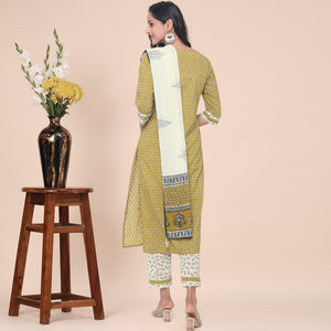 Mehndi Green Casual Wear Printed With Gota Patti Cotton Kurti Pant Set With Dupatta