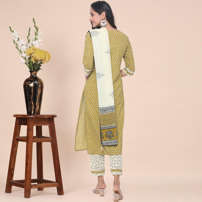Mehndi Green Casual Wear Printed With Gota Patti Cotton Kurti Pant Set With Dupatta