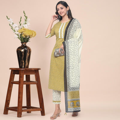 Mehndi Green Casual Wear Printed With Gota Patti Cotton Kurti Pant Set With Dupatta