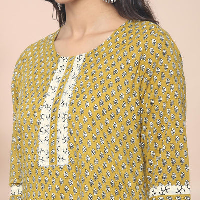 Mehndi Green Casual Wear Printed With Gota Patti Cotton Kurti Pant Set With Dupatta