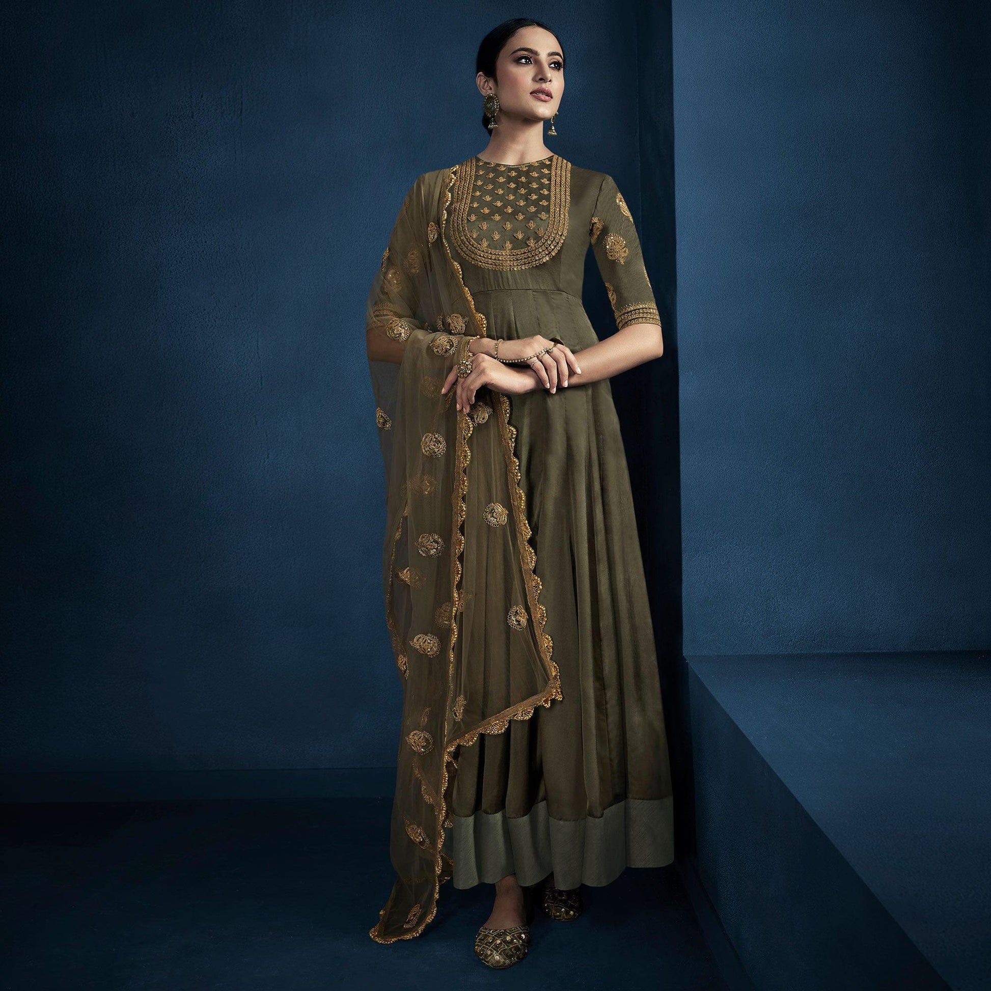 Mehndi Green Cording With Sequins Embroidery Georgette Partywear Suit