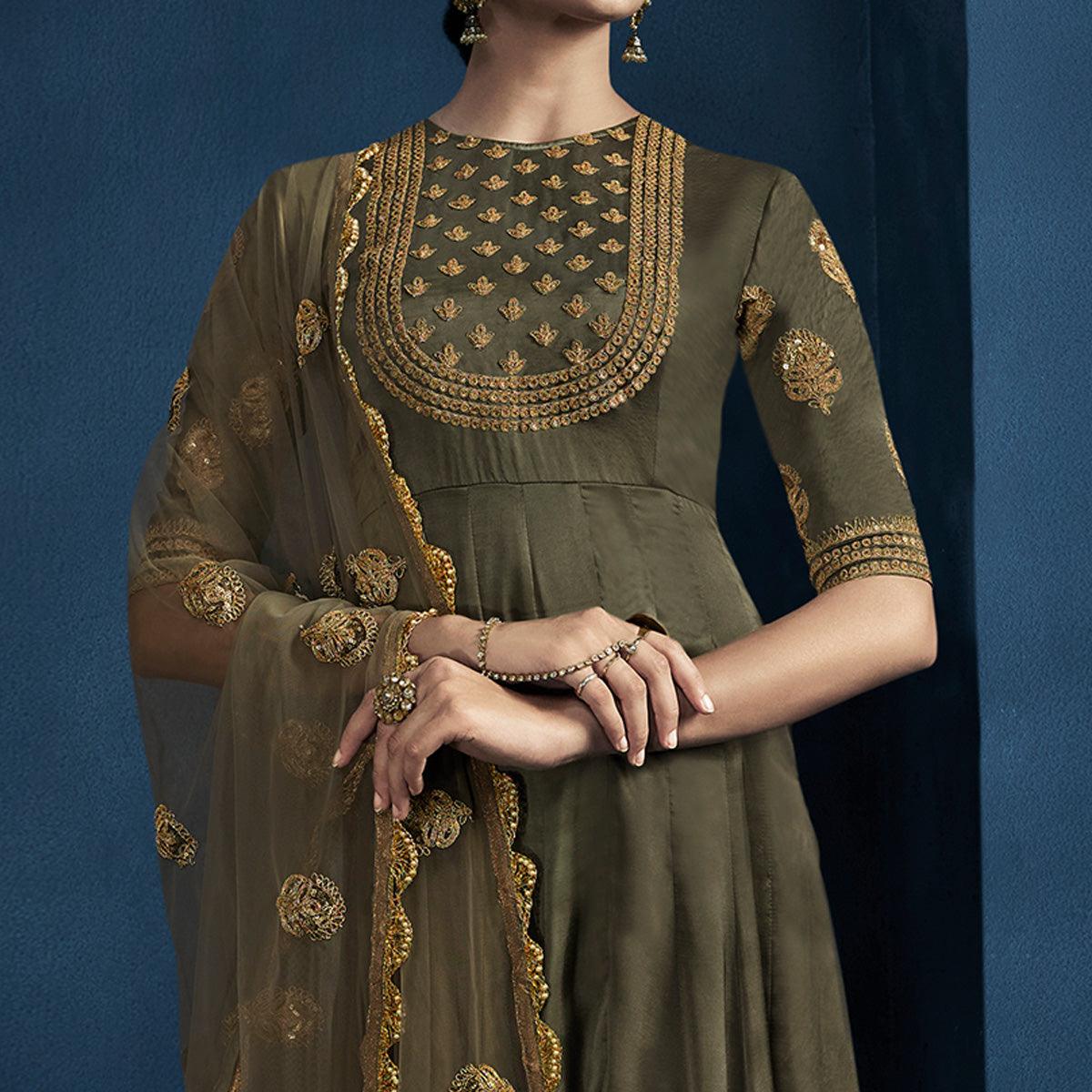 Mehndi Green Cording With Sequins Embroidery Georgette Partywear Suit