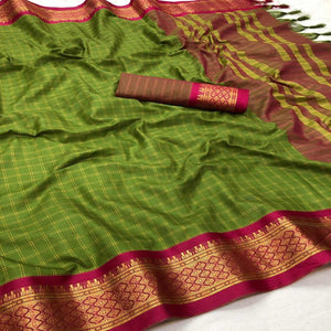 Mehndi Green Festive Wear Checks With Woven Border Cotton Silk Saree