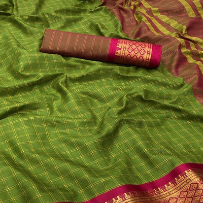 Mehndi Green Festive Wear Checks With Woven Border Cotton Silk Saree