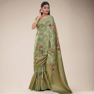 Mehndi Green Festive Wear Floral Printed Jacquard Designer Handloom Silk Saree