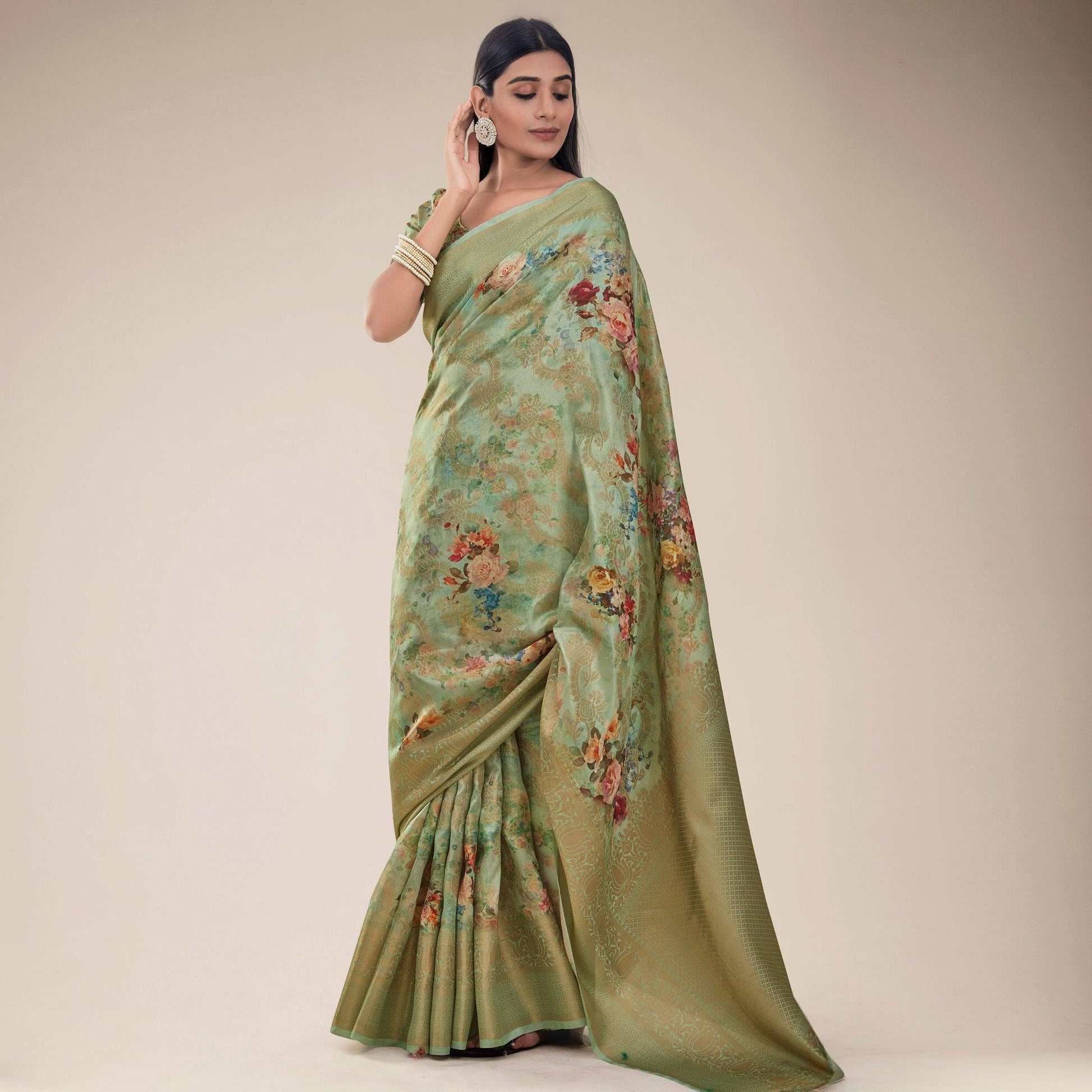 Mehndi Green Festive Wear Floral Printed Jacquard Designer Handloom Silk Saree