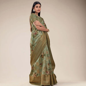 Mehndi Green Festive Wear Floral Printed Jacquard Designer Handloom Silk Saree