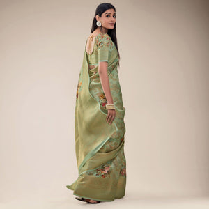 Mehndi Green Festive Wear Floral Printed Jacquard Designer Handloom Silk Saree