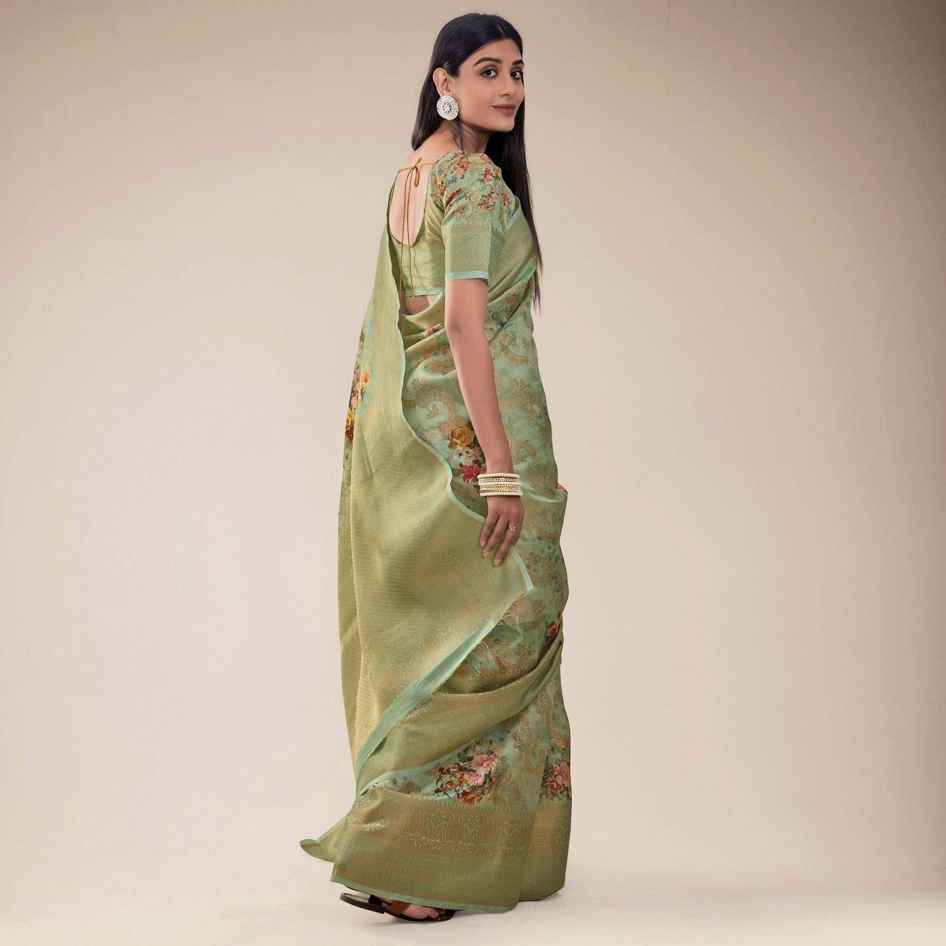Mehndi Green Festive Wear Floral Printed Jacquard Designer Handloom Silk Saree
