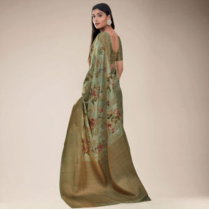 Mehndi Green Festive Wear Floral Printed Jacquard Designer Handloom Silk Saree
