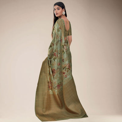 Mehndi Green Festive Wear Floral Printed Jacquard Designer Handloom Silk Saree