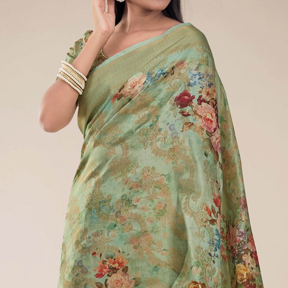 Mehndi Green Festive Wear Floral Printed Jacquard Designer Handloom Silk Saree