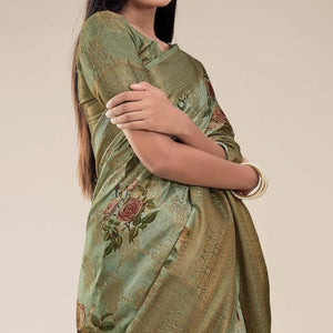 Mehndi Green Festive Wear Floral Printed Jacquard Designer Handloom Silk Saree