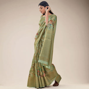 Mehndi Green Festive Wear Floral Printed Jacquard Designer Handloom Silk Saree