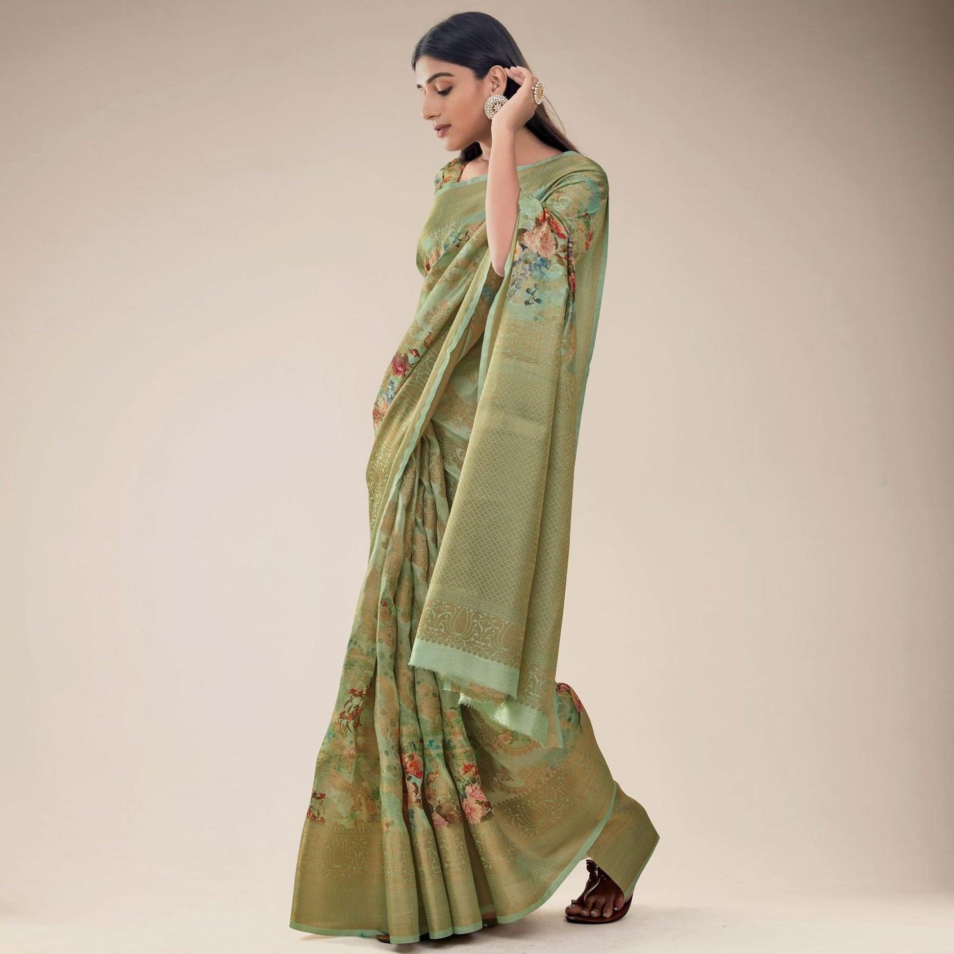Mehndi Green Festive Wear Floral Printed Jacquard Designer Handloom Silk Saree
