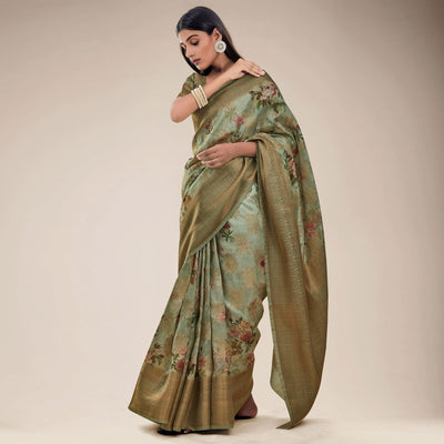 Mehndi Green Festive Wear Floral Printed Jacquard Designer Handloom Silk Saree