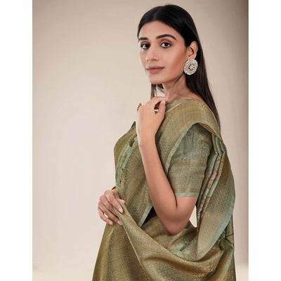 Mehndi Green Festive Wear Floral Printed Jacquard Designer Handloom Silk Saree