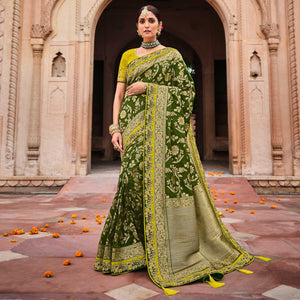 Mehndi Green Festive Wear Woven With Zari & Diamond Work Banarasi Silk Saree
