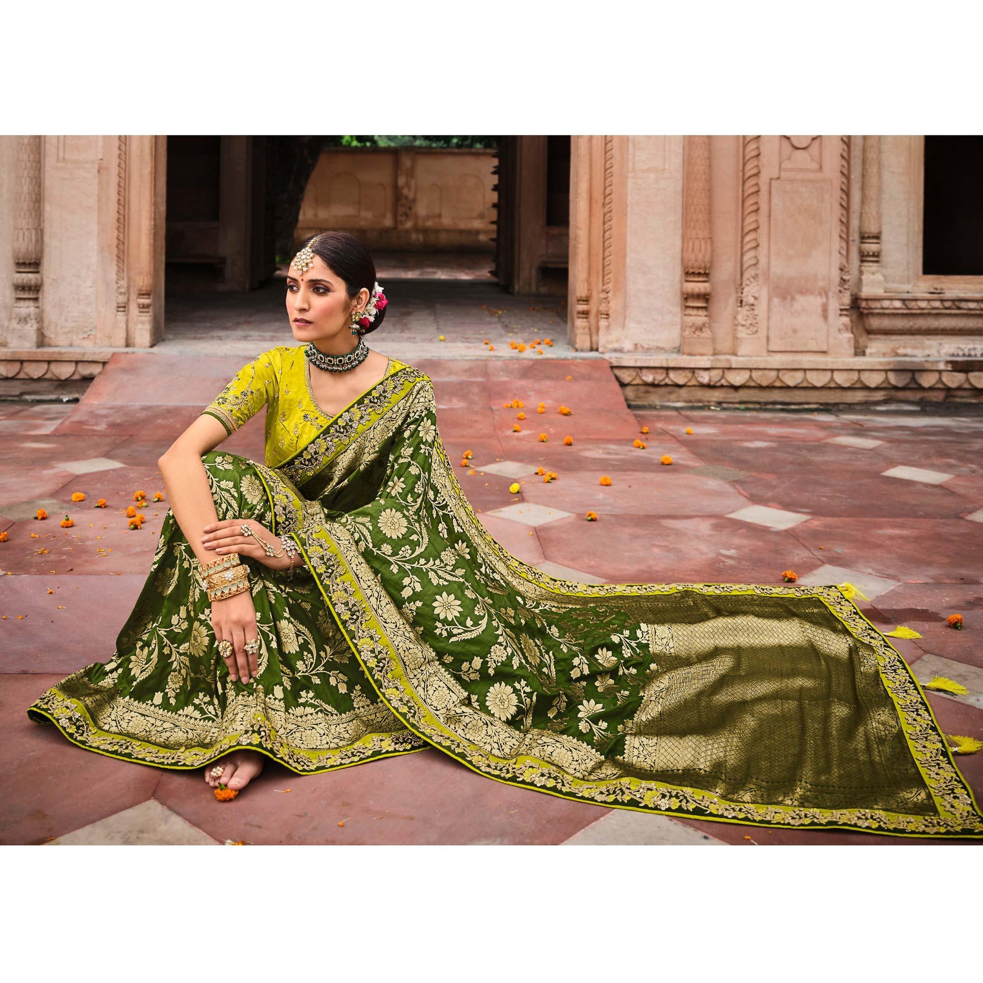 Mehndi Green Festive Wear Woven With Zari & Diamond Work Banarasi Silk Saree