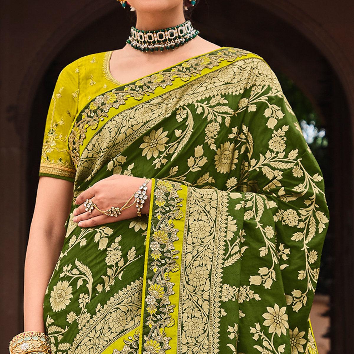 Mehndi Green Festive Wear Woven With Zari & Diamond Work Banarasi Silk Saree