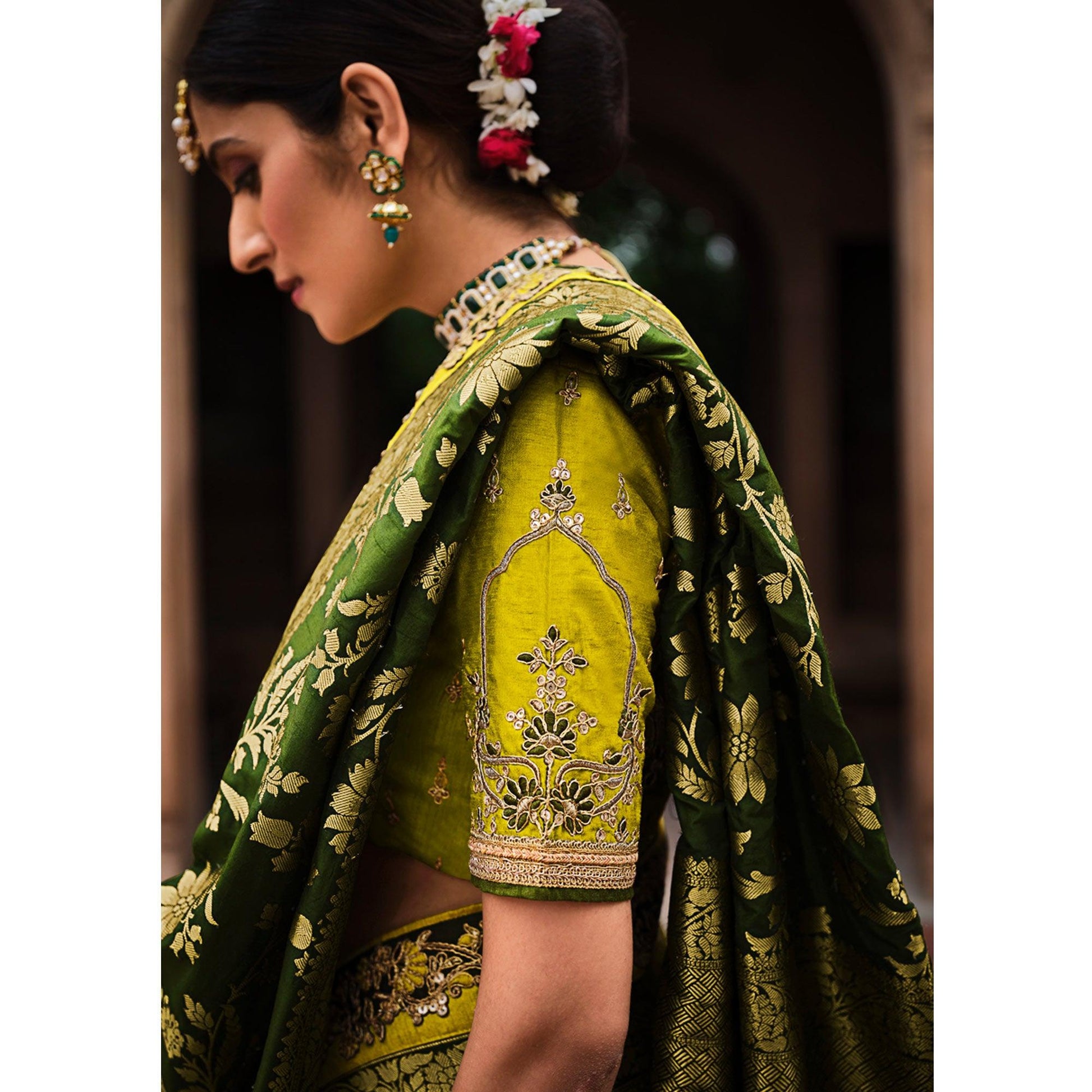 Mehndi Green Festive Wear Woven With Zari & Diamond Work Banarasi Silk Saree