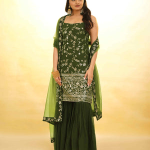 Mehndi Green Georgette Suit with Embroidery and Shantoon Bottom