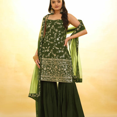 Mehndi Green Georgette Suit with Embroidery and Shantoon Bottom