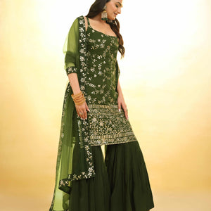 Mehndi Green Georgette Suit with Embroidery and Shantoon Bottom
