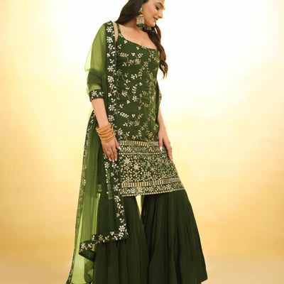 Mehndi Green Georgette Suit with Embroidery and Shantoon Bottom