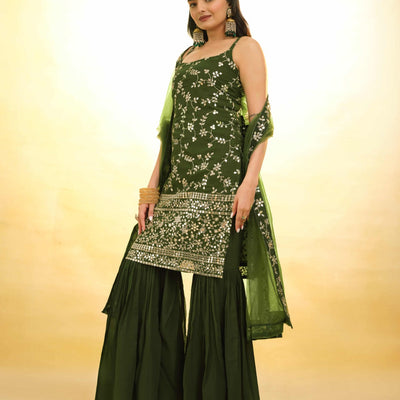 Mehndi Green Georgette Suit with Embroidery and Shantoon Bottom