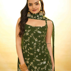 Mehndi Green Georgette Suit with Embroidery and Shantoon Bottom