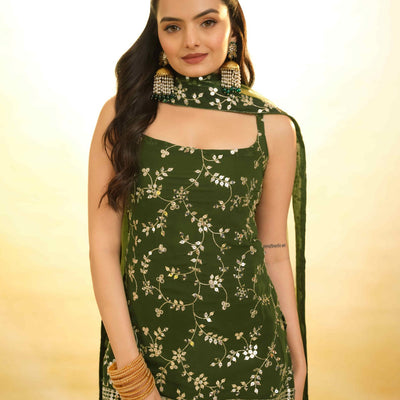 Mehndi Green Georgette Suit with Embroidery and Shantoon Bottom