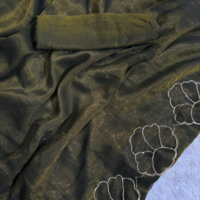 Mehndi Green Lotus Jari Silk Saree with Exquisite Golden Handwork & Running Blouse