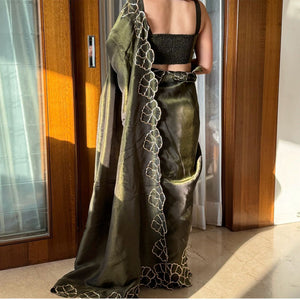 Mehndi Green Lotus Jari Silk Saree with Exquisite Golden Handwork & Running Blouse