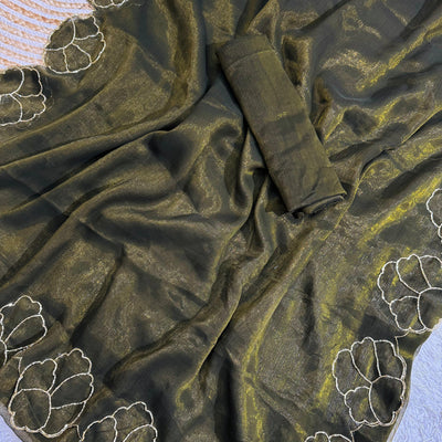 Mehndi Green Lotus Jari Silk Saree with Exquisite Golden Handwork & Running Blouse