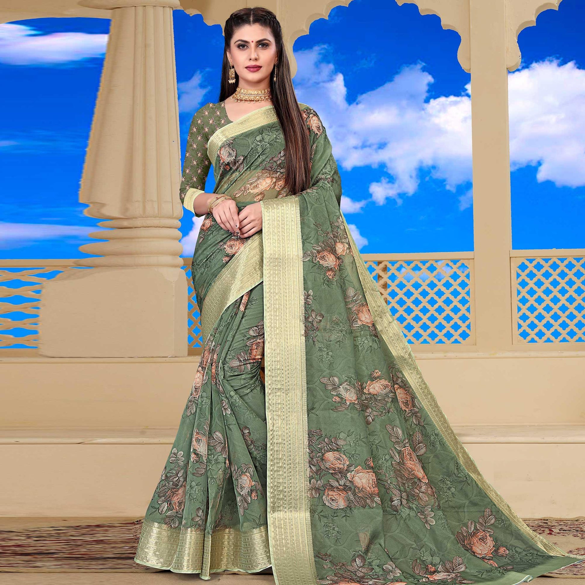 Mehndi Green Party Wear Floral Digital Printed With Jacquard Border Soft Georgette Saree