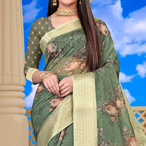 Mehndi Green Party Wear Floral Digital Printed With Jacquard Border Soft Georgette Saree