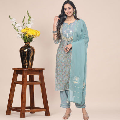 Mehndi Green Patywear Floral Embroidered Cotton Silk Kurti Pant Set With Dupatta