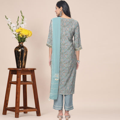 Mehndi Green Patywear Floral Embroidered Cotton Silk Kurti Pant Set With Dupatta