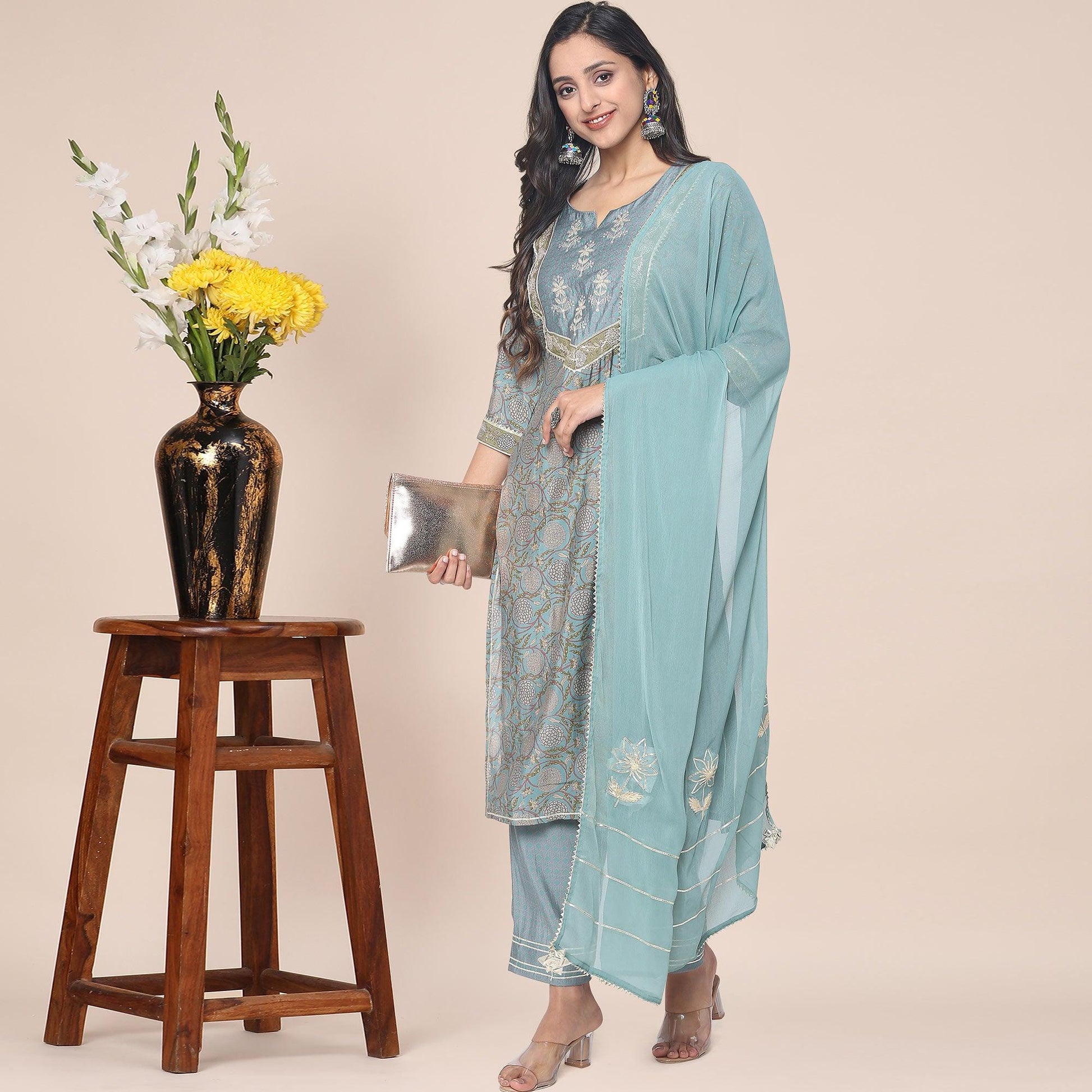 Mehndi Green Patywear Floral Embroidered Cotton Silk Kurti Pant Set With Dupatta