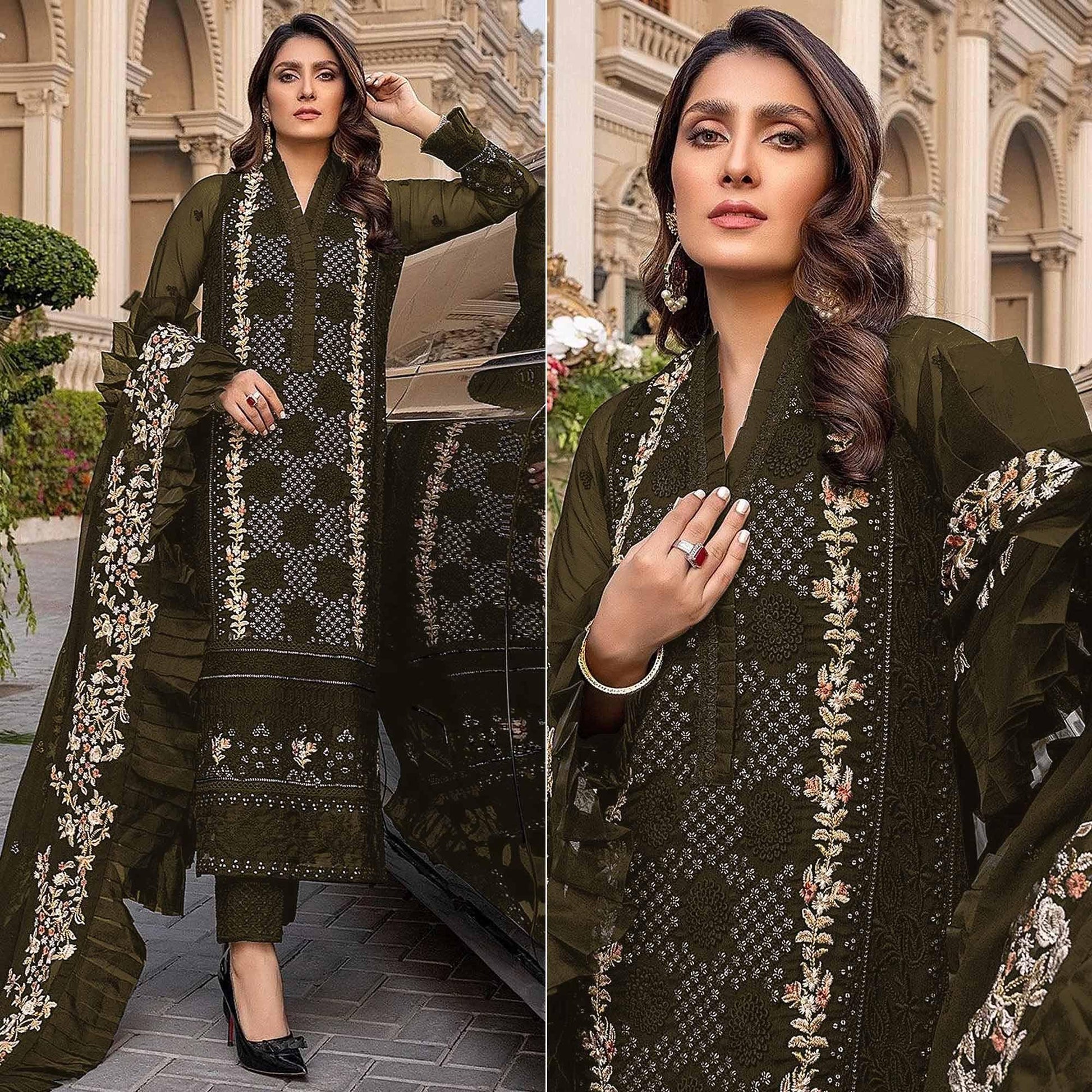 Mehndi Green Sequins With Floral Embroidered Georgette Pakistani Suit
