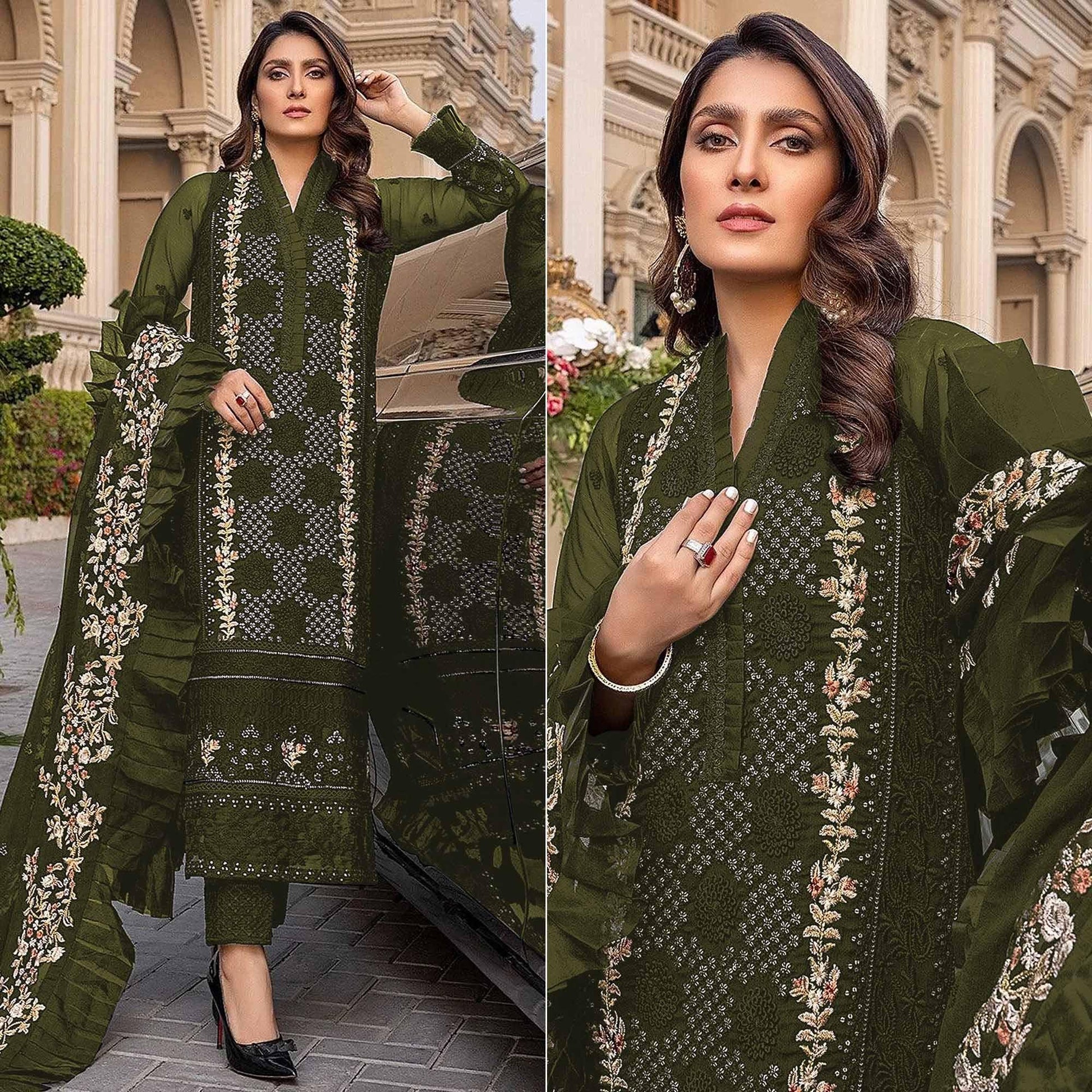 Mehndi Green Sequins With Floral Embroidered Georgette Pakistani Suit