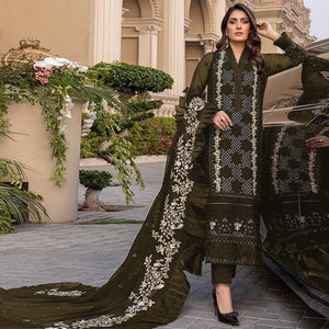 Mehndi Green Sequins With Floral Embroidered Georgette Pakistani Suit