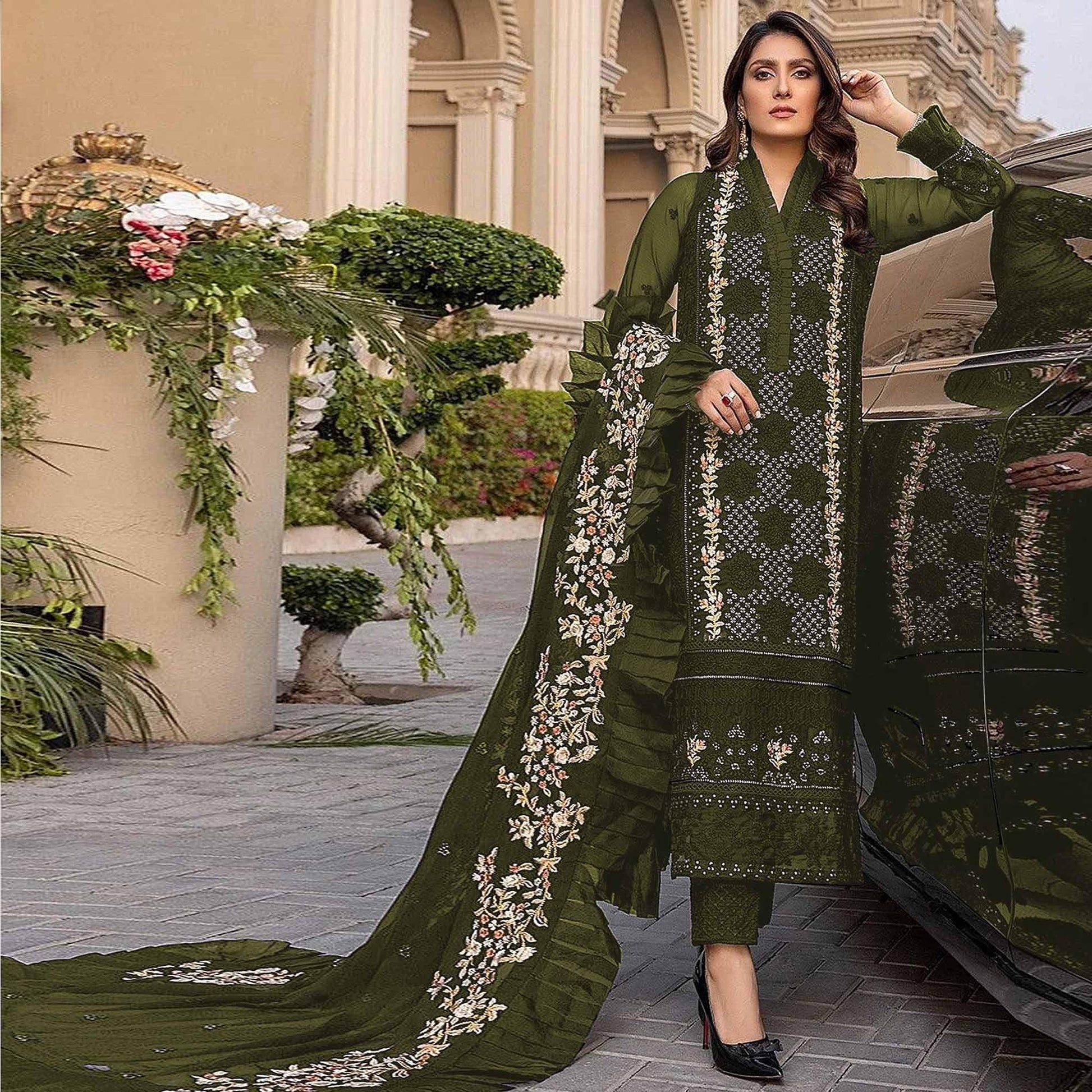Mehndi Green Sequins With Floral Embroidered Georgette Pakistani Suit