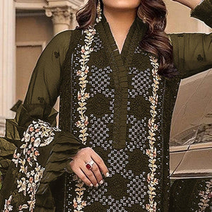 Mehndi Green Sequins With Floral Embroidered Georgette Pakistani Suit