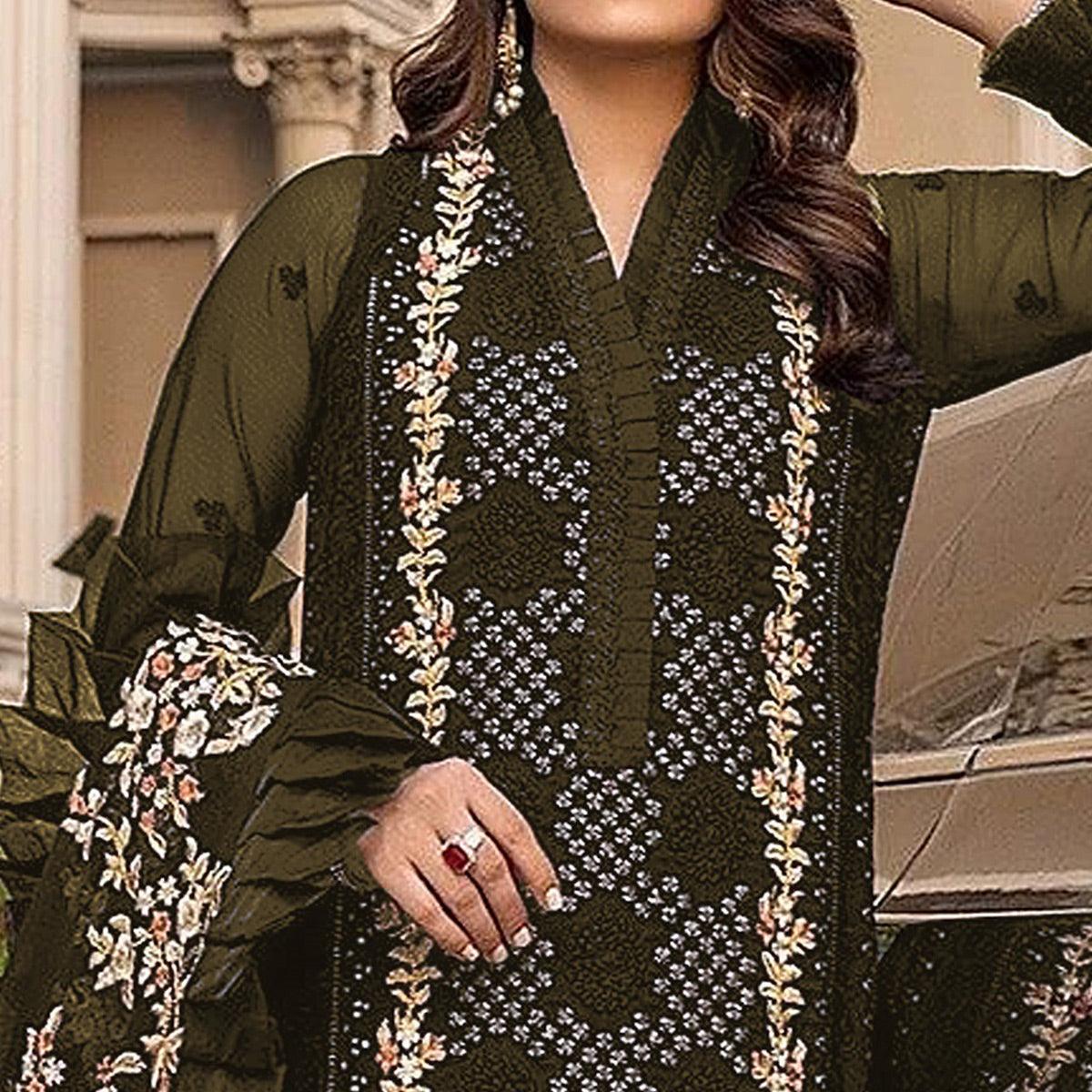 Mehndi Green Sequins With Floral Embroidered Georgette Pakistani Suit